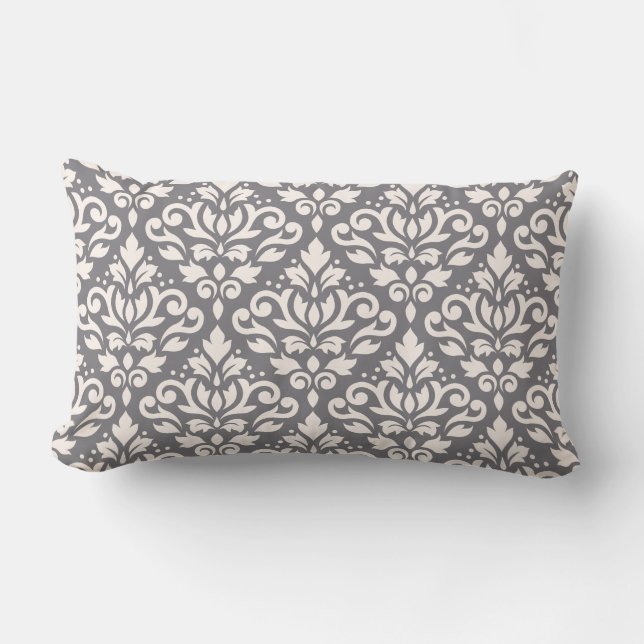 Scroll Damask Big Pattern Cream on Grey Lumbar Pillow (Front)
