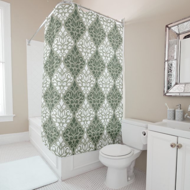 Scroll Damask Big Pattern Green White Lt Green Shower Curtain (In Situ)
