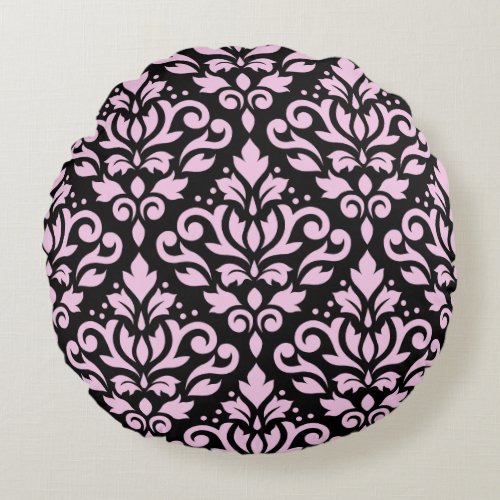Scroll Damask Big Pattern Pink on Black Round Pillow