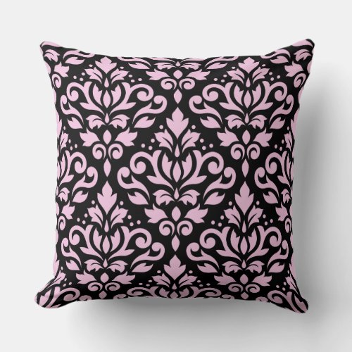 Scroll Damask Big Pattern Pink on Black Throw Pillow