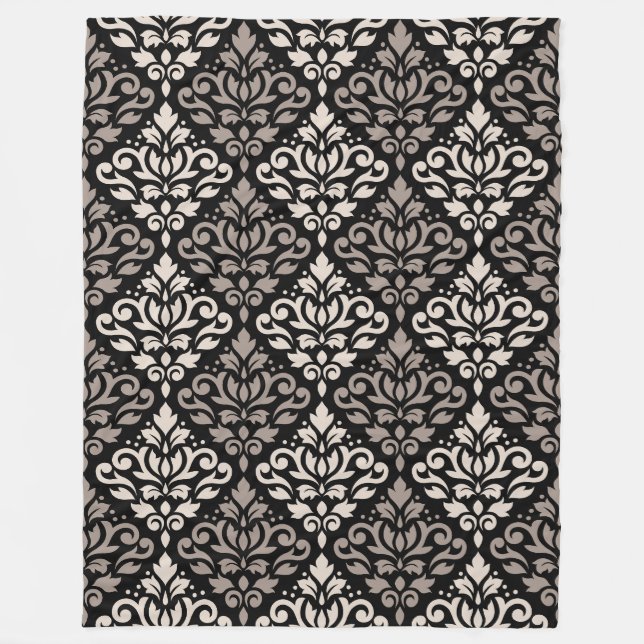 Scroll Damask Big Pattern Taupe Cream Black Fleece Blanket (Front)