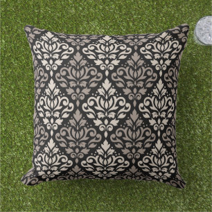 Scroll Damask Big Pattern Taupe Cream Black Outdoor Pillow