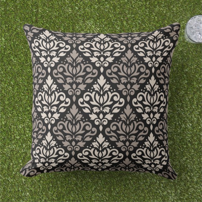 Scroll Damask Big Pattern Taupe Cream Black Outdoor Pillow (Grass)