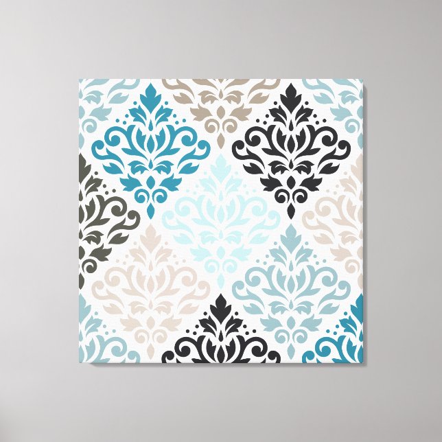 Scroll Damask Big Pattern Teals Browns White Canvas Print (Front)