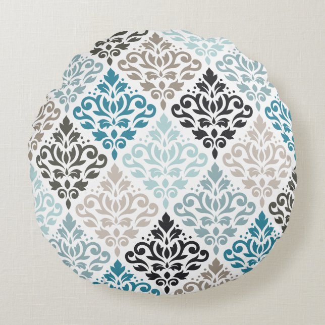 Scroll Damask Big Pattern Teals Browns White Round Pillow (Front)