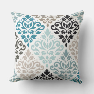 Scroll Damask Big Pattern Teals Browns White Throw Pillow