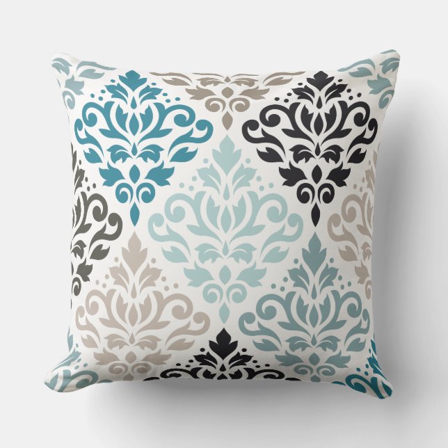 Scroll Damask Big Pattern Teals Browns White Throw Pillow (Front)