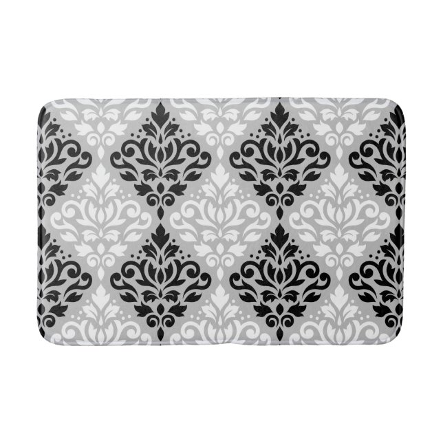 Scroll Damask Big Ptn B&W on Gray Bathroom Mat (Front)