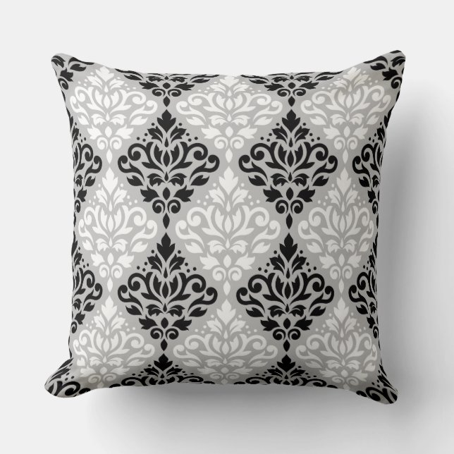 Scroll Damask Big Ptn B&W on Gray Throw Pillow (Front)