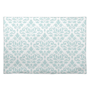Scroll Damask Big Ptn Duck Egg Blue (B) on White Cloth Placemat