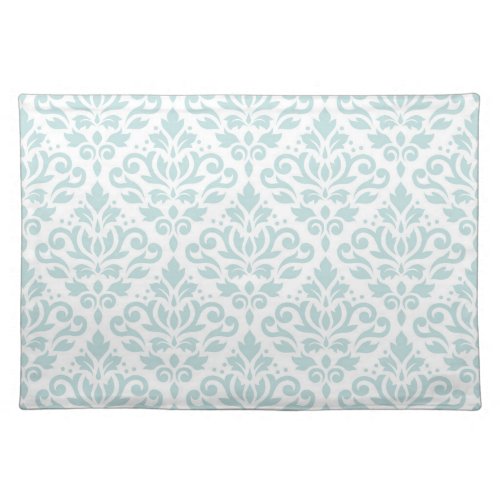 Scroll Damask Big Ptn Duck Egg Blue B on White Cloth Placemat
