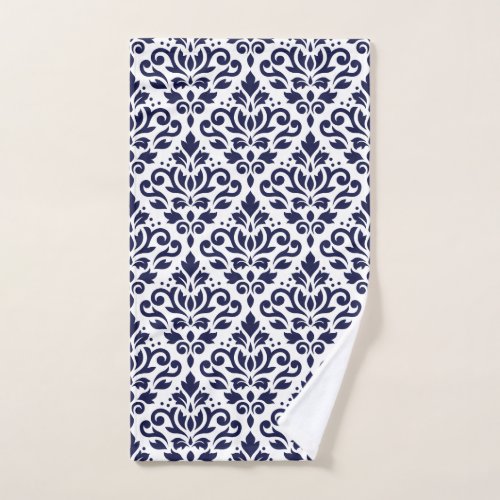 Scroll Damask Big Ptn Navy Blue on White Hand Towel