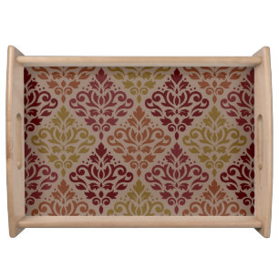 Scroll Damask Big Ptn Reds Orange Gold Taupe Serving Tray