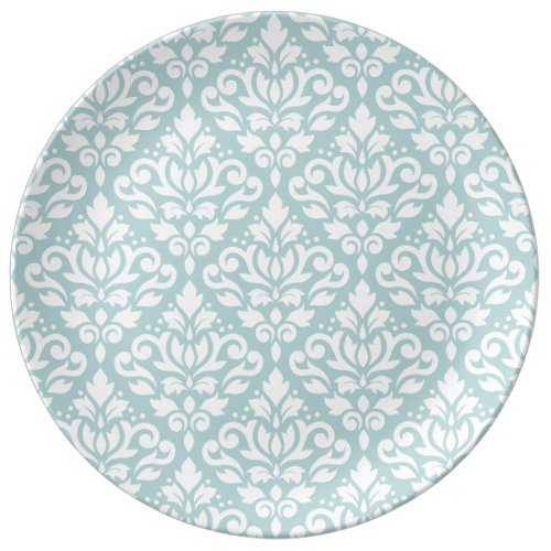 Scroll Damask Big Ptn White on Duck Egg Blue (B) Porcelain Plate