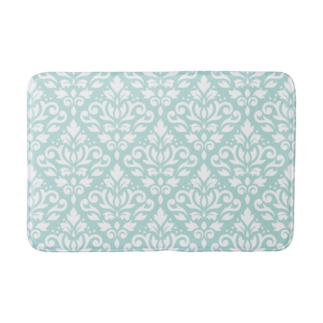 Scroll Damask Big Ptn White on Lt Teal Bathroom Mat (Front)