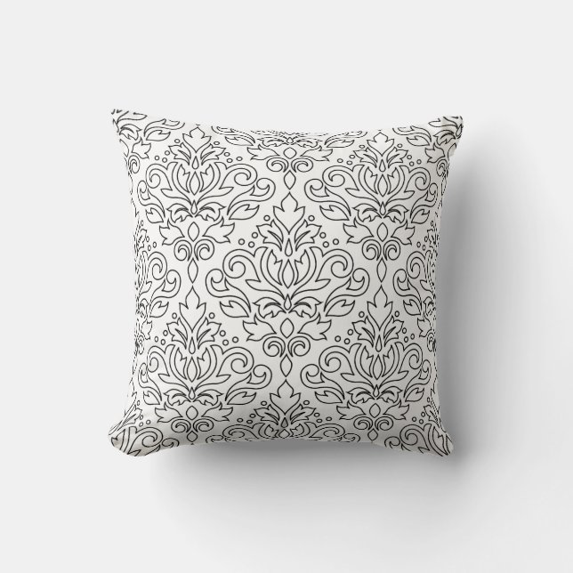 Scroll Damask Black on White Line Big Pattern Throw Pillow (Front)
