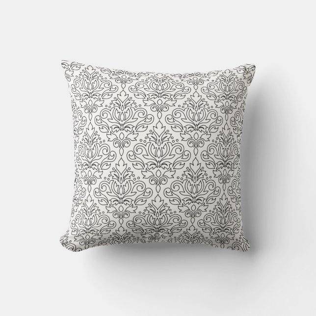 Scroll Damask Black on White Line Pattern Throw Pillow (Front)