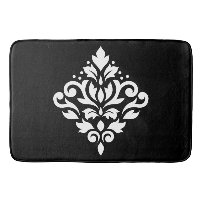 Scroll Damask Design White on Black Bathroom Mat (Front)