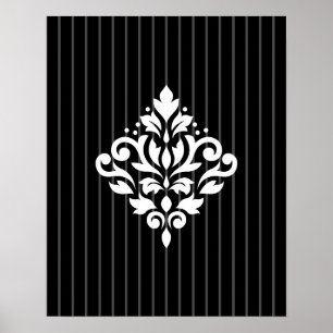 Scroll Damask Design White on Gray Stripes & Black Poster