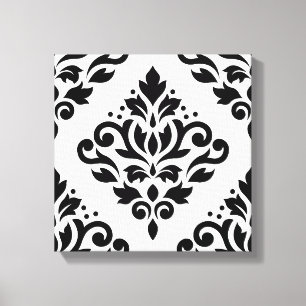 Scroll Damask Large Design (B) Black on White Canvas Print