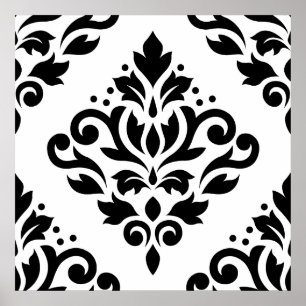 Scroll Damask Large Design (B) Black on White Poster