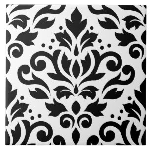 Scroll Damask Large Design Black on White Tile