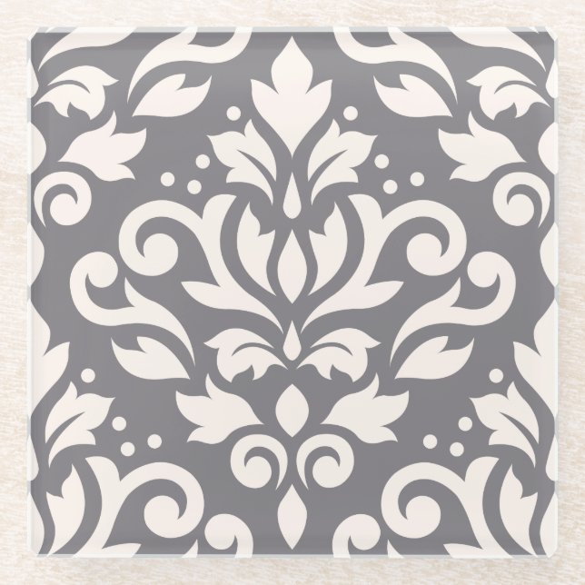 Scroll Damask Large Design Cream on Grey Glass Coaster (Front)