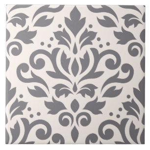 Scroll Damask Large Design Grey on Cream Ceramic Tile