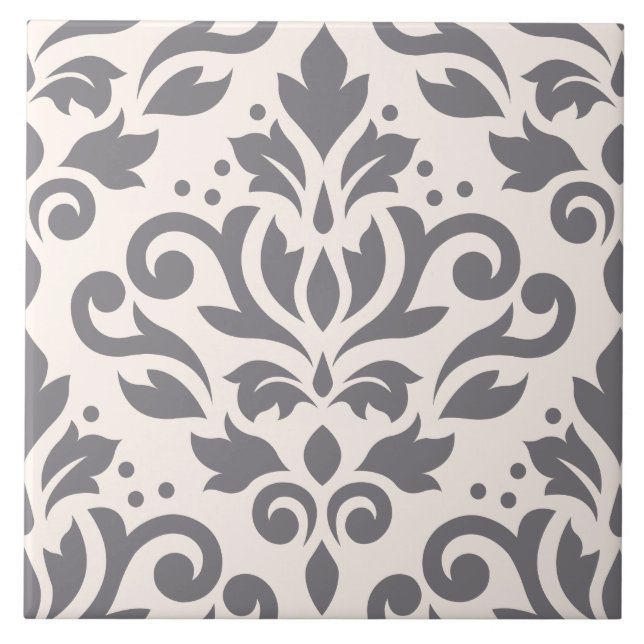 Scroll Damask Large Design Grey on Cream Ceramic Tile (Front)