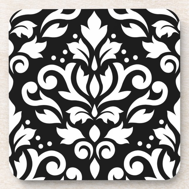 Scroll Damask Large Design White on Black Drink Coaster (Front)