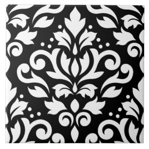 Scroll Damask Large Design White on Black Tile