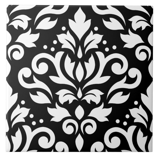 Scroll Damask Large Design White on Black Tile (Front)