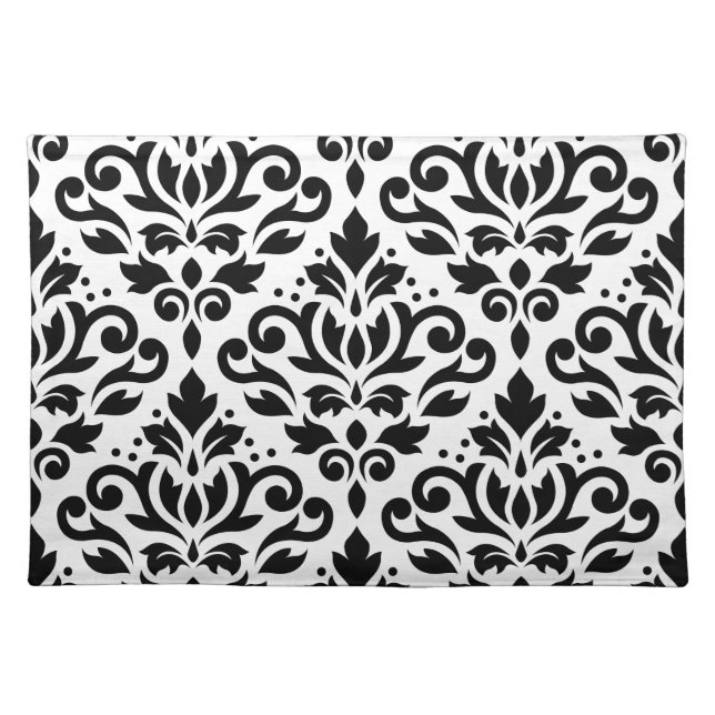 Scroll Damask Large Pattern Black on White Placemat (Front)