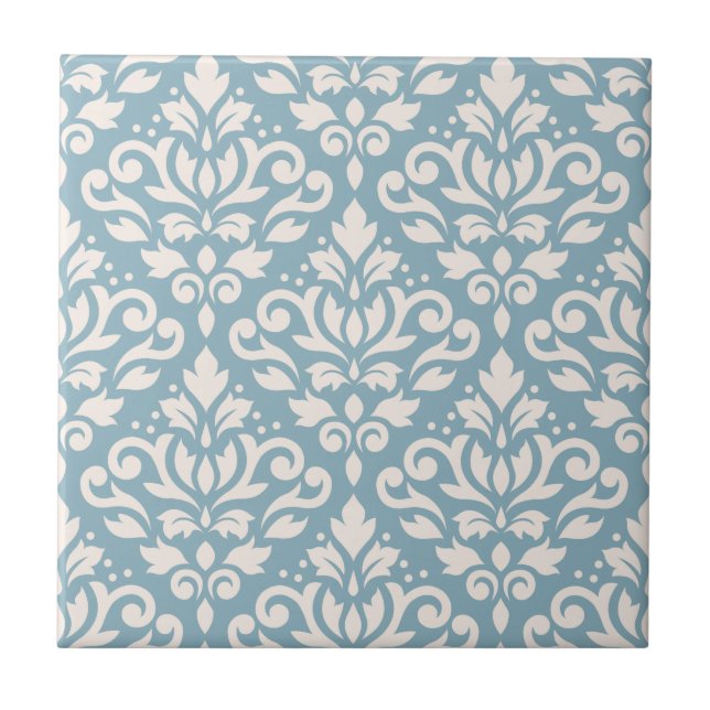 Scroll Damask Large Pattern Cream on Blue Ceramic Tile (Front)