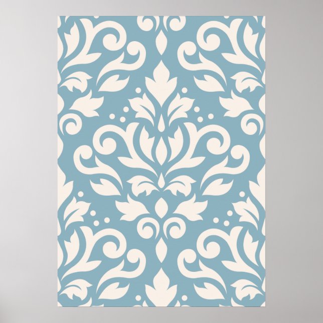 Scroll Damask Large Pattern Cream on Blue Poster (Front)
