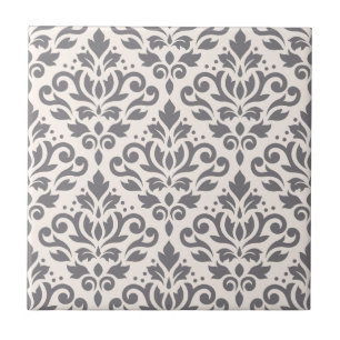 Scroll Damask Large Pattern Grey on Cream Ceramic Tile