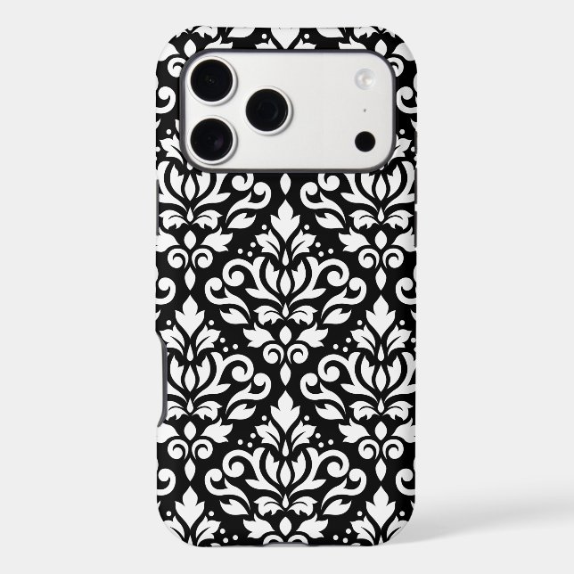 Scroll Damask Large Pattern White on Black iPhone Case (Back)