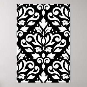 Scroll Damask Large Pattern White on Black Poster