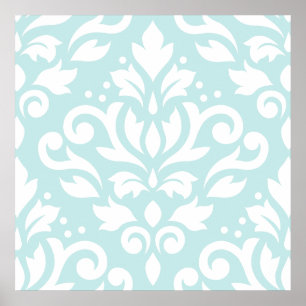 Scroll Damask Lg Design White on Duck Egg Blue Poster