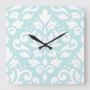 Scroll Damask Lg Design White on Duck Egg Blue Square Wall Clock