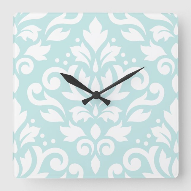 Scroll Damask Lg Design White on Duck Egg Blue Square Wall Clock (Front)