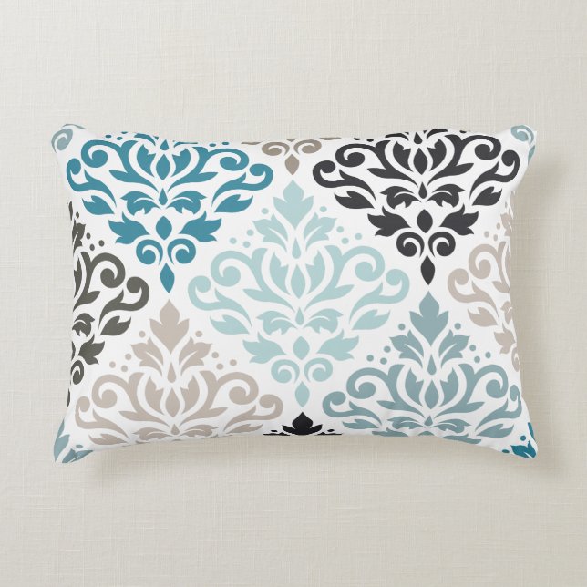 Scroll Damask Lg Pattern Art Teals Browns White Accent Pillow (Front)