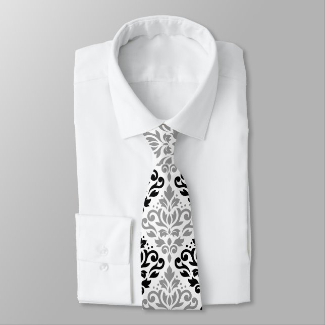Scroll Damask Lg Pattern Black Gray White Neck Tie (Tied)