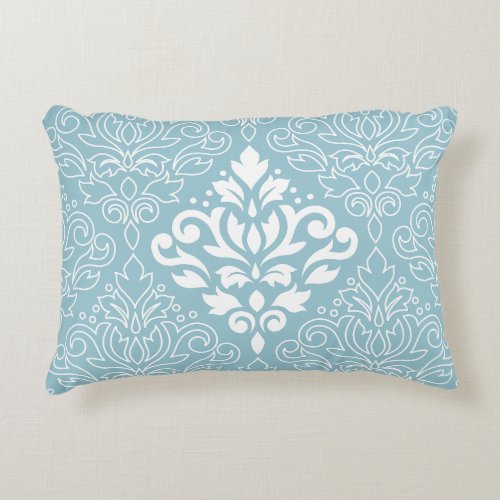 Scroll Damask Lg Pattern Mid WhiteLine on Blue Accent Pillow