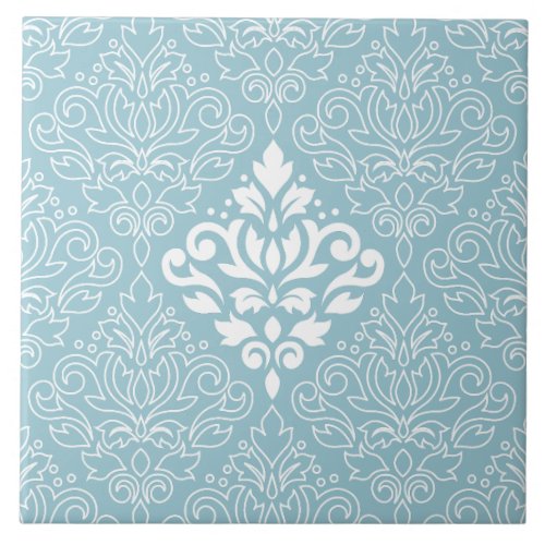Scroll Damask Lg Pattern Mid WhiteLine on Blue Ceramic Tile