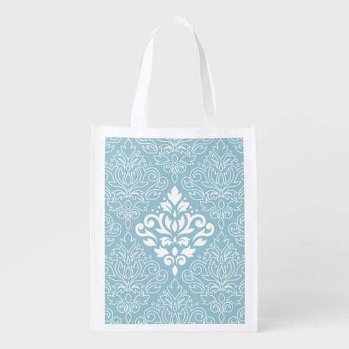 Scroll Damask Lg Pattern Mid WhiteLine on Blue Grocery Bag