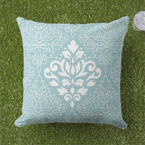 Scroll Damask Lg Pattern Mid WhiteLine on Blue Outdoor Pillow