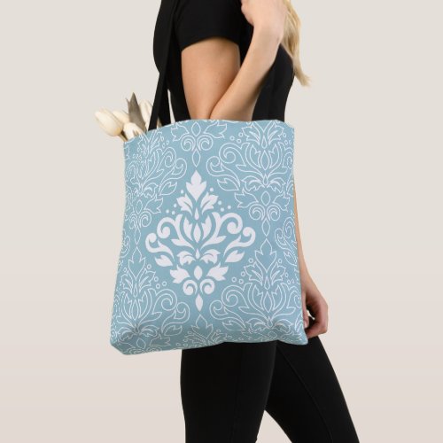 Scroll Damask Lg Pattern Mid WhiteLine on Blue Tote Bag