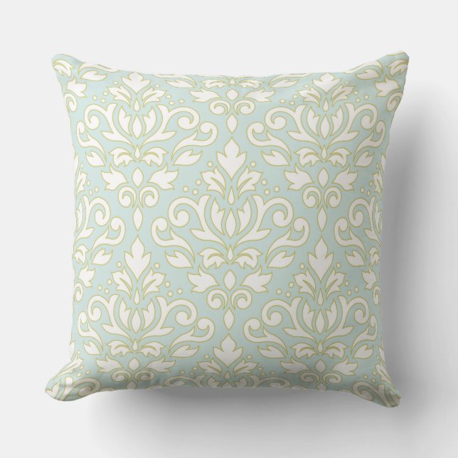 Scroll Damask Lg Ptn (outline) Wt Gld Lt Teal Throw Pillow (Front)