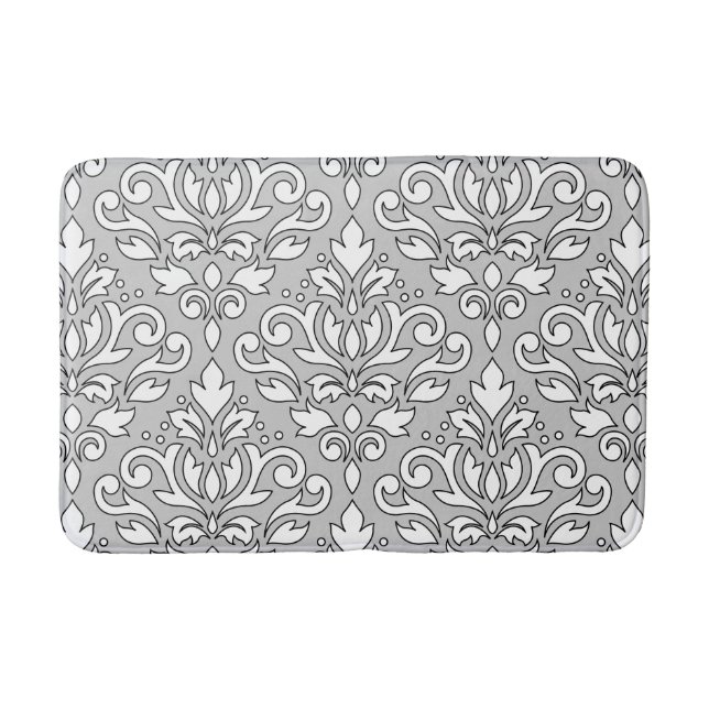 Scroll Damask Lg Ptn White (Black line) Gray Bath Mat (Front)